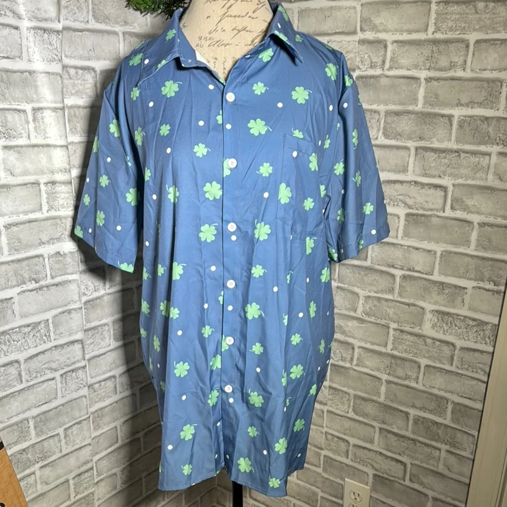 Men's Blue button up Shirt with Green Clovers & dots - Picture 2 of 8